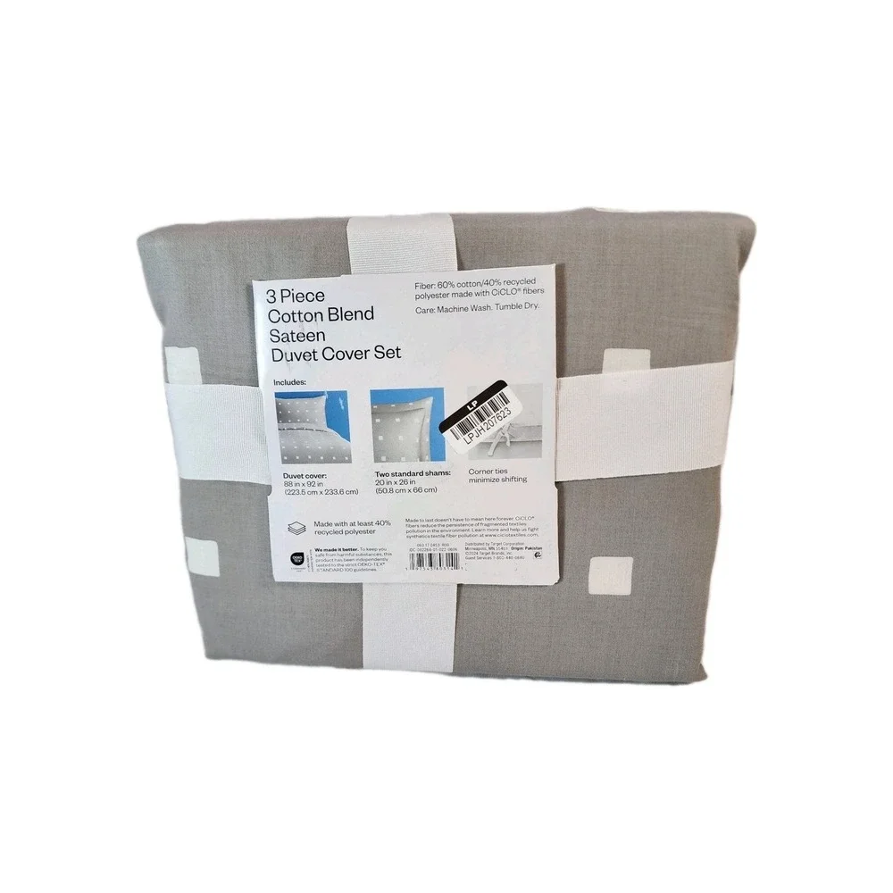 3 Piece Duvet Cover Set Room Essentials Grey/ White Check Square Full/Queen New